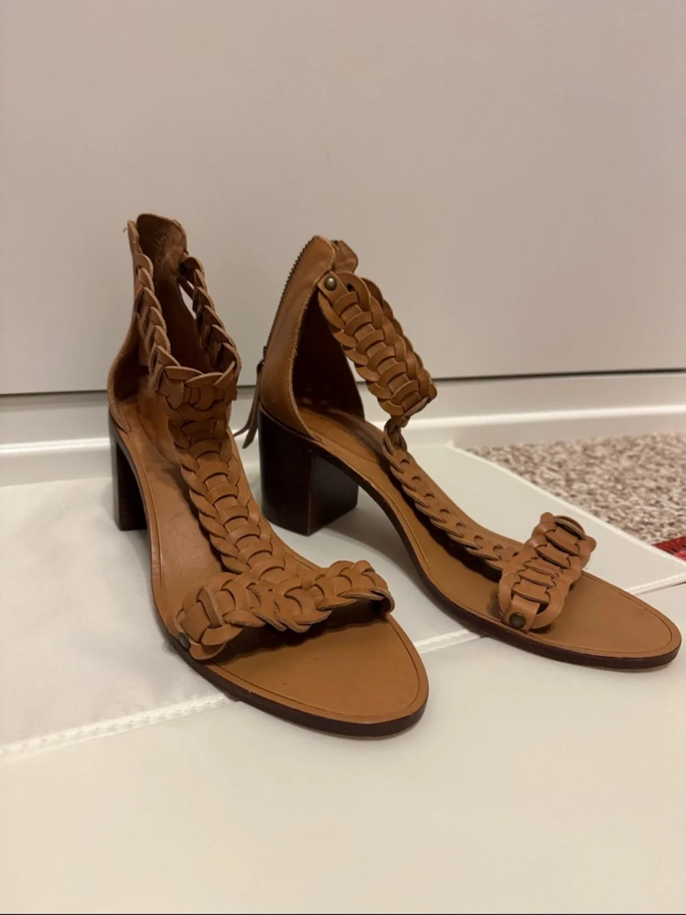 Zimmermann Braided Leather Block Heel Sandals - Tan - Picture 1 of 6